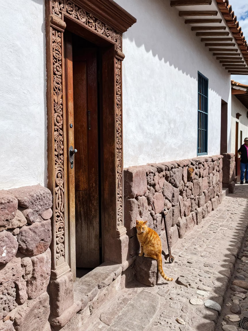 Candid Afternoon in Cusco Alley with Ginger Cat and Wrench in in Cusco, Peru