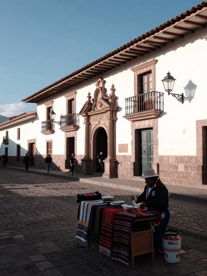 Candid Afternoon in Cusco Peru Street Scene with Traditional Architecture and Local Market Activity in in Cusco, Peru