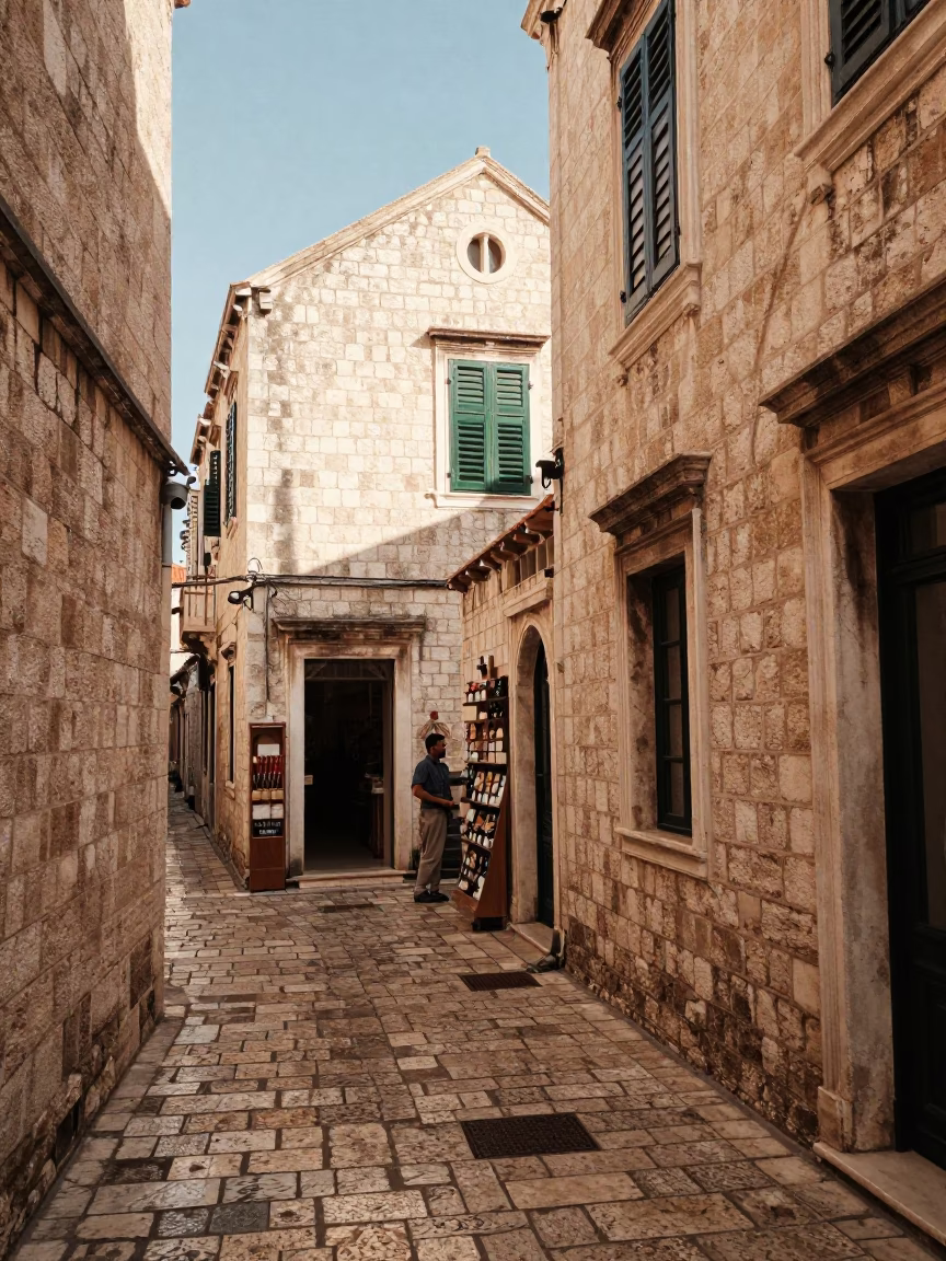 Candid Afternoon in Dubrovnik Old Town Stone Alleyway with Local Shopkeeper and Wicker Basket in in Dubrovnik, Croatia