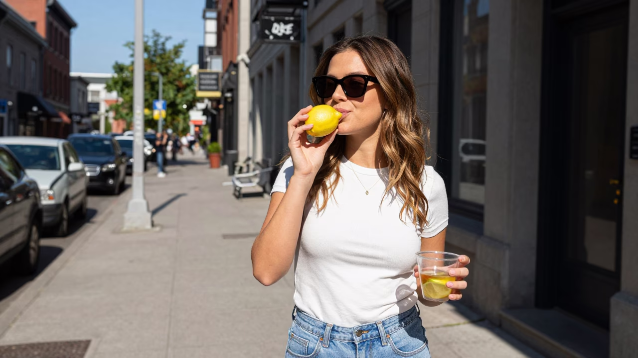 Candid Afternoon Portrait of a Montreal Local Enjoying Fresh Citrus in in Montreal, Quebec, Canada