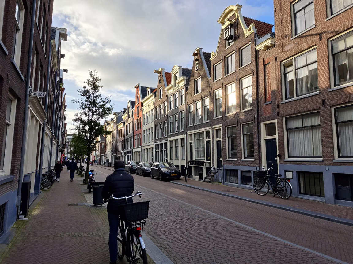 Candid Amsterdam Street Scene Early Afternoon with Bicycle and Canal Reflections in in Amsterdam, Netherlands