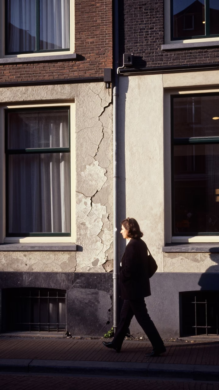 Candid Amsterdam Street Scene with Cracked Stucco and Sunlight in Late Afternoon in in Amsterdam, Netherlands