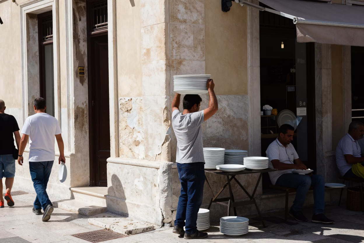 Candid Athens Street Scene Midmorning Light with Ceramic Plate and Weathered Drain Scratches in in Athens, Greece