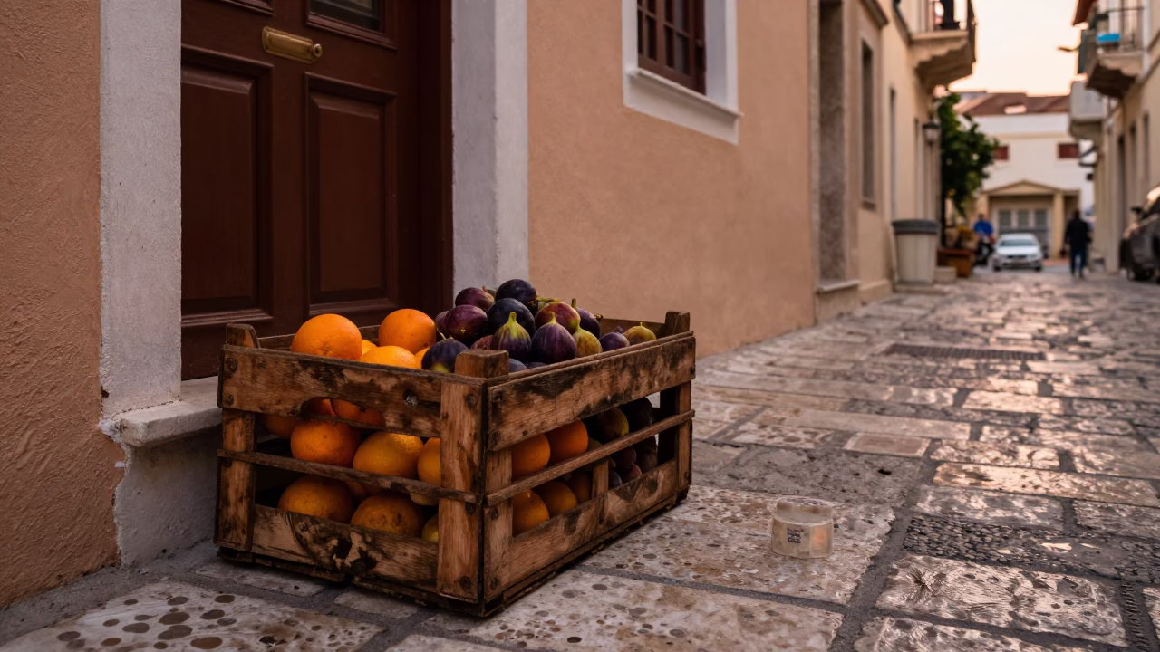 Candid Athens Street Scene with Fruit Crate and Soap Bubbles in Copper Dusk Light in in Athens, Greece