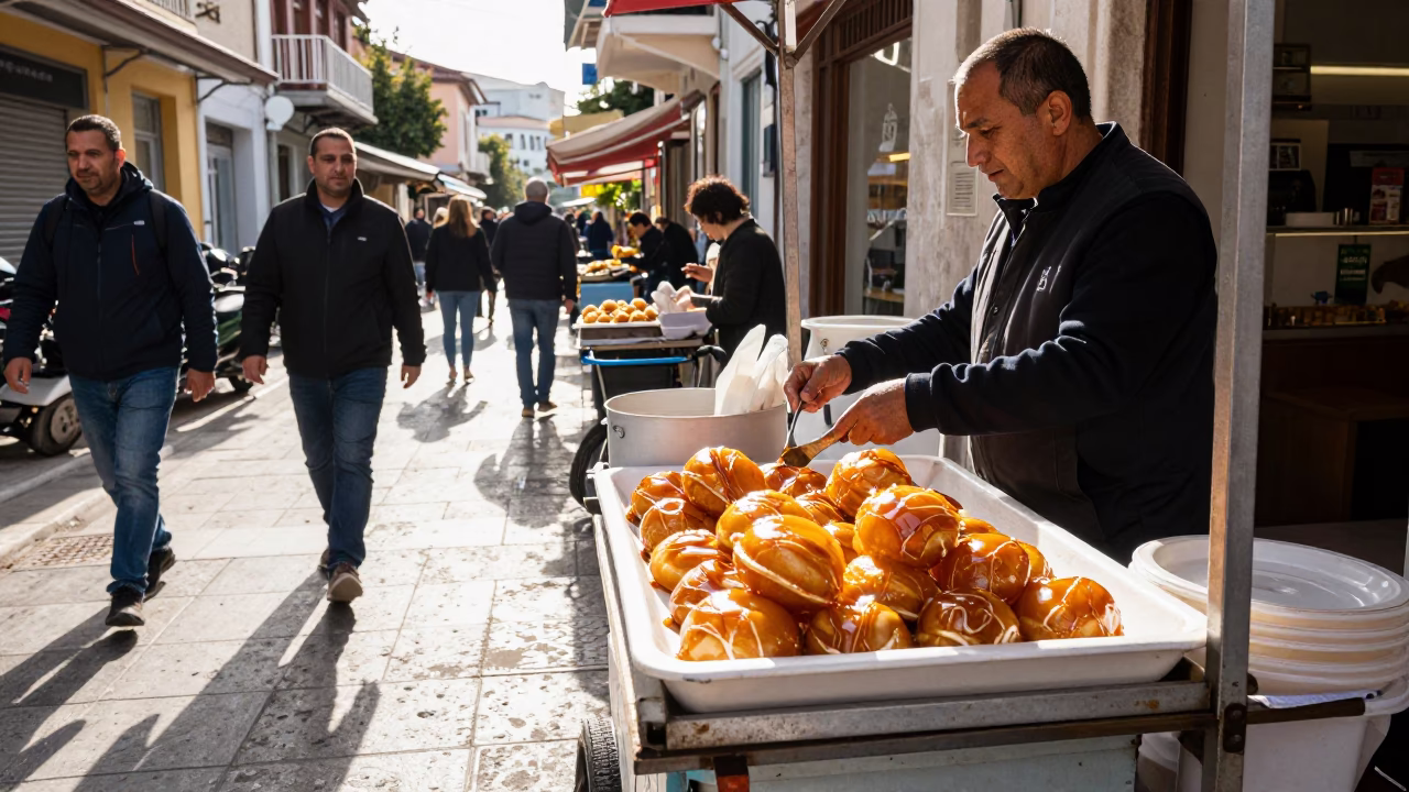 Candid Athens Street Scene with Loukoumades Honey Sweets in Early Afternoon Light in in Athens, Greece
