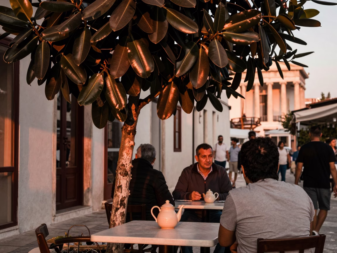 Candid Athens Street Scene with Rubber Fig Tree and Copper Dusk Light in in Athens, Greece