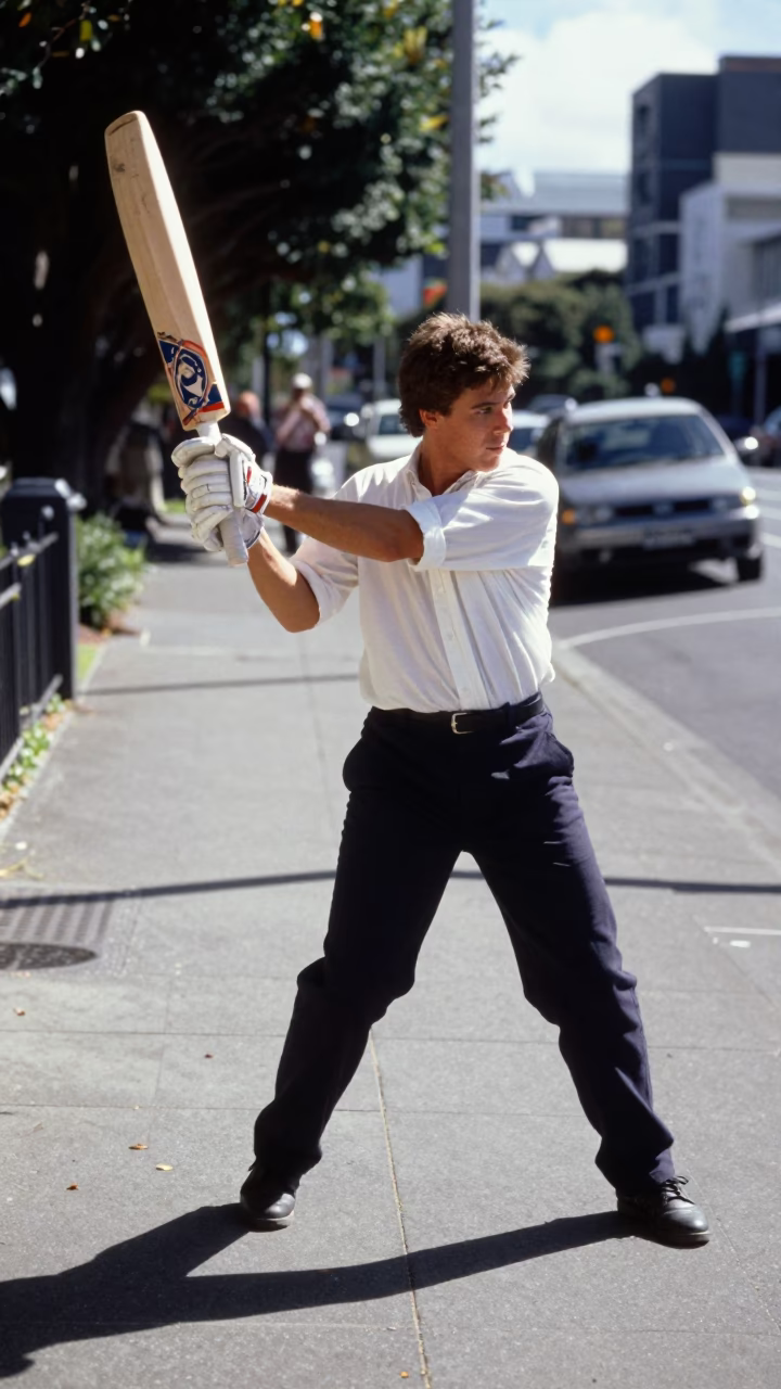 Candid Auckland Street Photography Midmorning Light with Cricket Bat and Urban Background in in Auckland, New Zealand