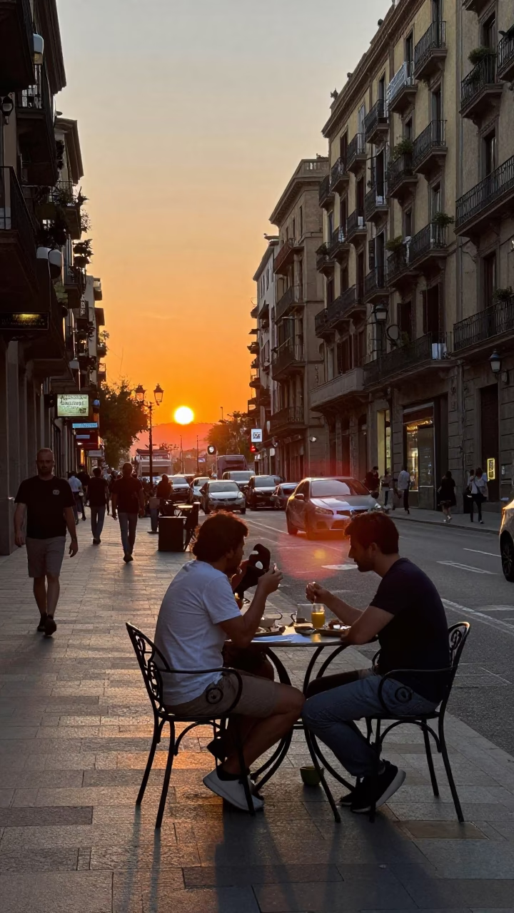 Candid Barcelona Street Scene at Sunset with Jam Jar on Table in in Barcelona, Spain