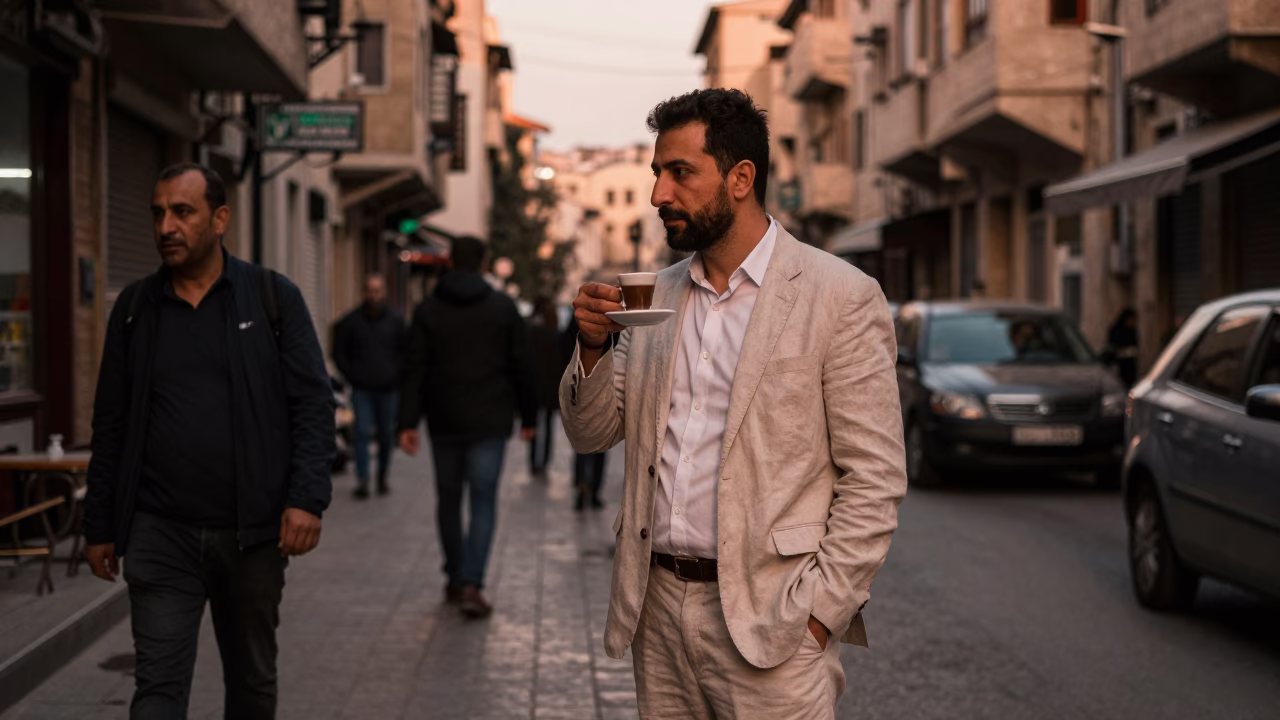 Candid Beirut Street Scene in Copper Dusk Light with Coffee and Prayer Beads in in Beirut, Lebanon
