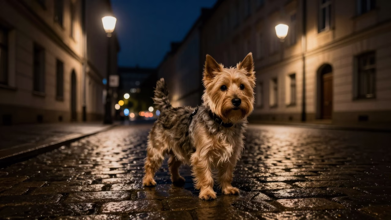 Candid Berlin Night Scene with Cairn Terrier and Urban Street Details in in Berlin, Germany