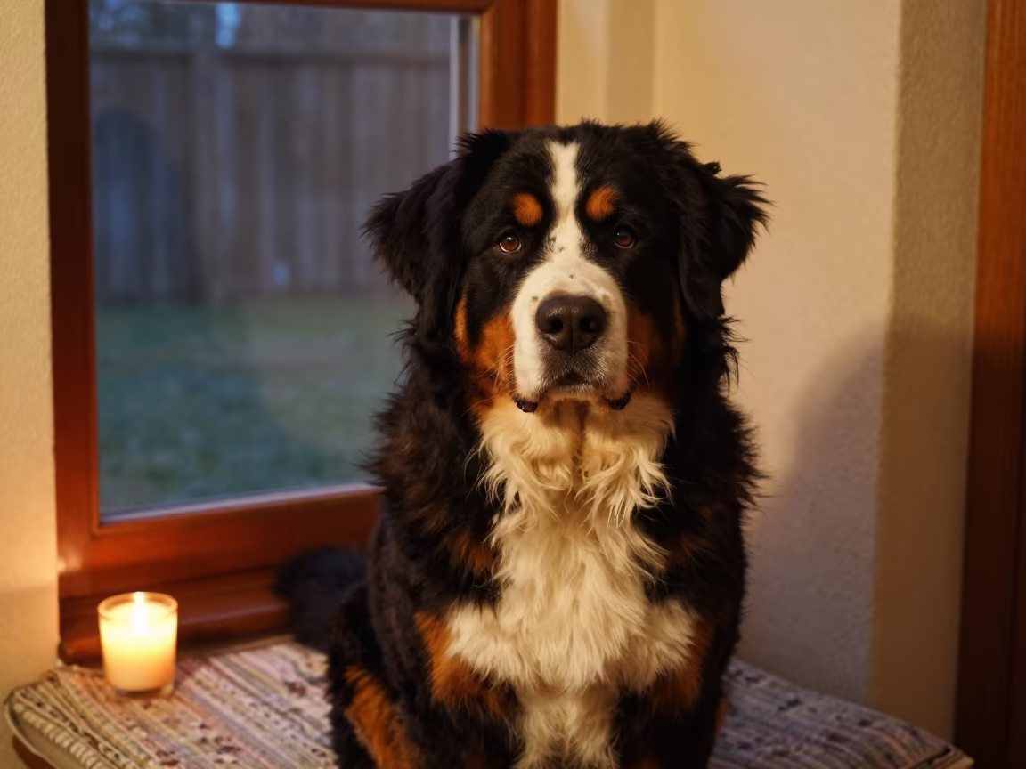Candid Bernese Mountain Dog Portrait Sera in on a cushioned window seat with soft side light and an uncluttered background in Sera, Lhasa