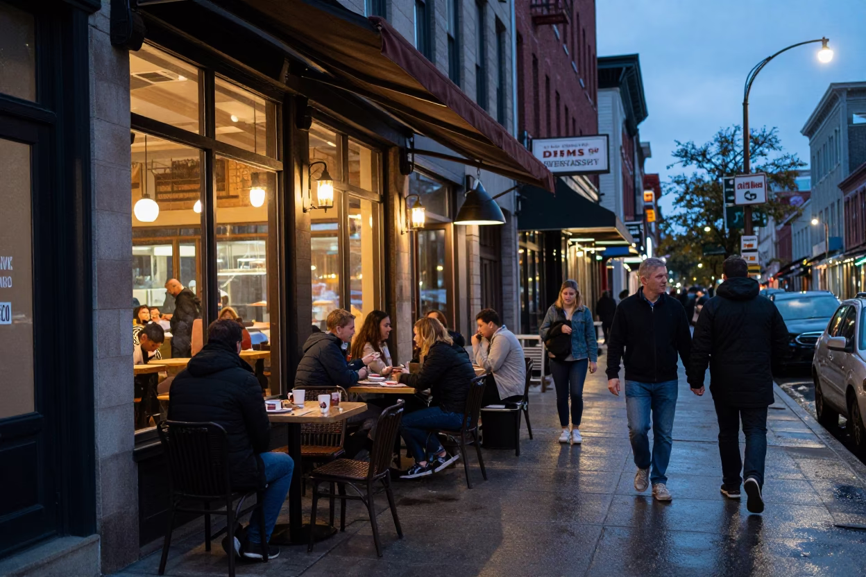 Candid Blue Hour Street Scene in Montreal Quebec Canada with Local Diners in in Montreal, Quebec, Canada