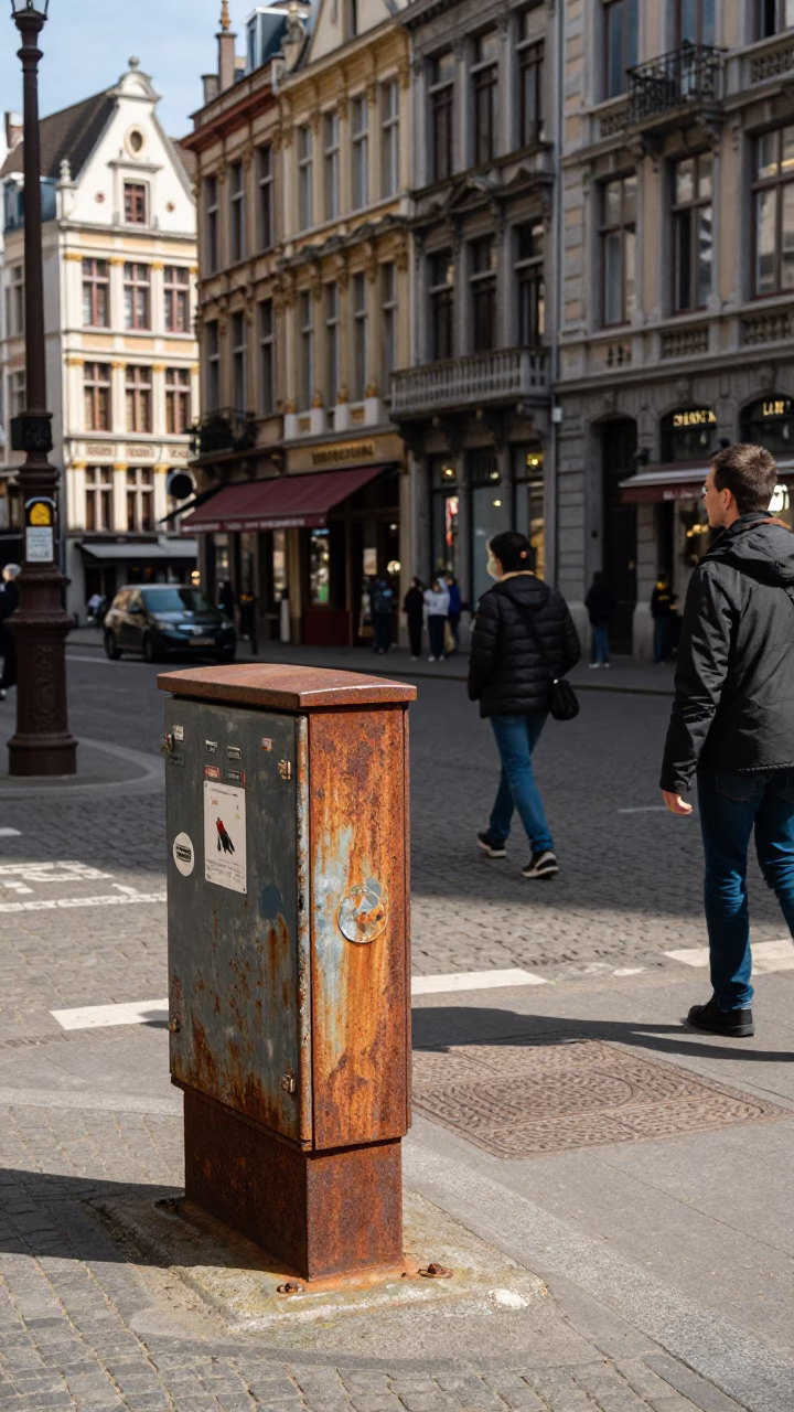 Candid Brussels Noon Street Scene with Rusty Metal and Local Interaction in in Brussels, Belgium