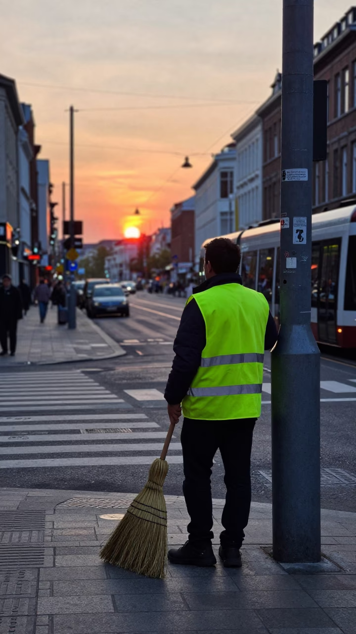 Candid Brussels Street Scene at Dusk with Brooms and Cobblestones in in Brussels, Belgium