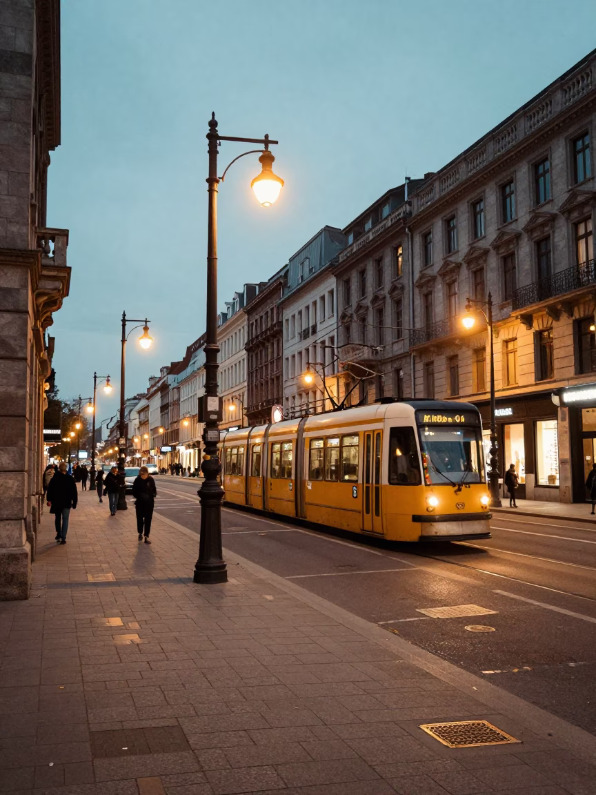 Candid Brussels Street Scene at Dusk with Tram and Traditional Architecture in in Brussels, Belgium