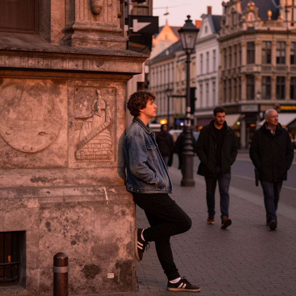 Candid Brussels Street Scene in Copper Dusk Light with Vintage 1990s Aesthetic in in Brussels, Belgium