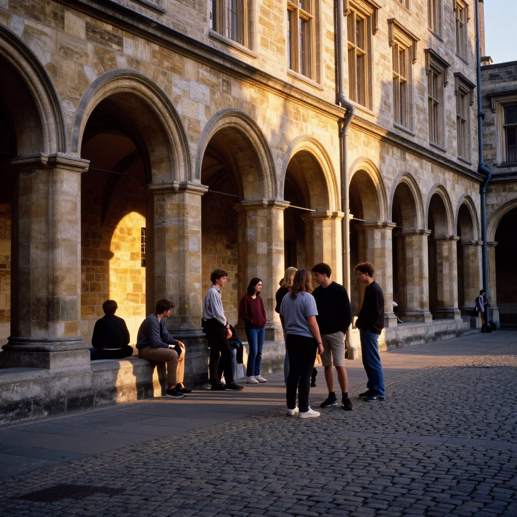 Candid Brussels Sunset Scene with University Cloister Walkway and Local Interaction in in Brussels, Belgium