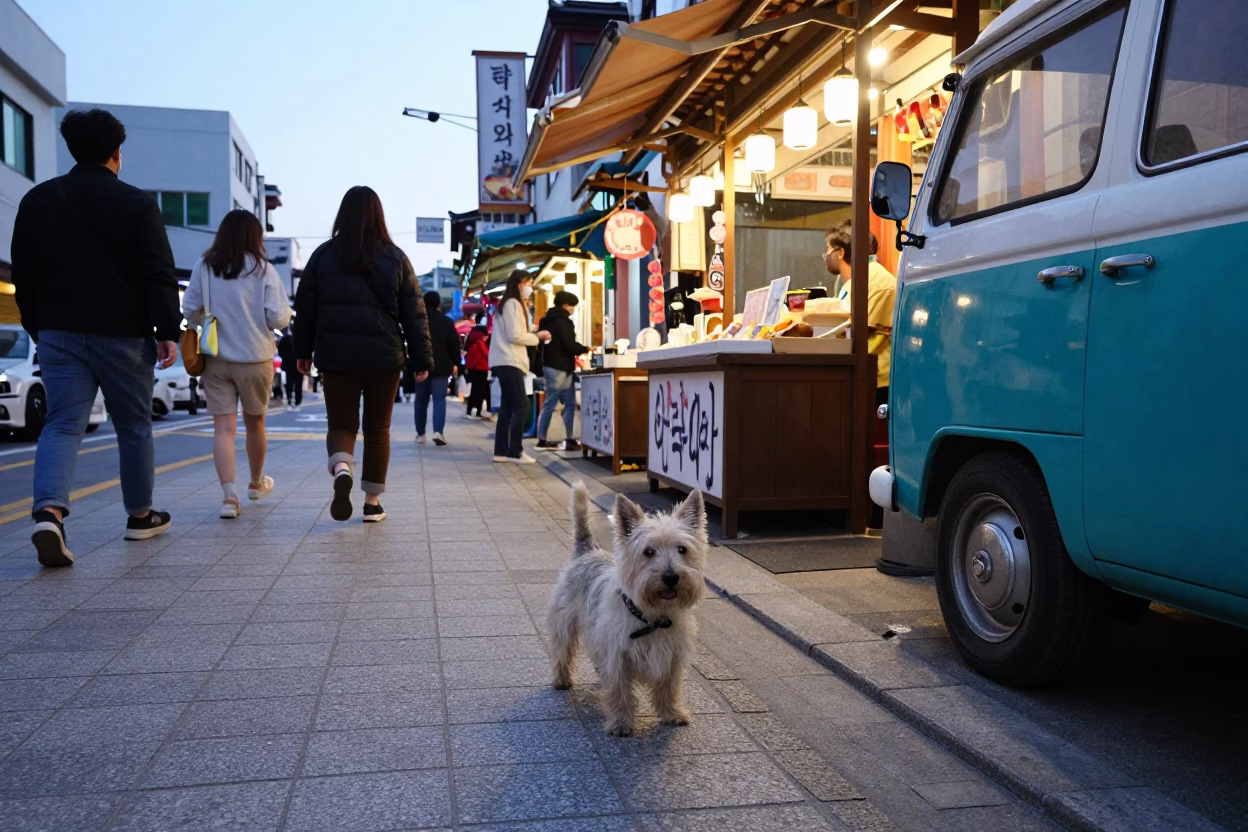 Candid Busan Street Scene with Cairn Terrier and Vintage 1990s Atmosphere in in Busan, South Korea
