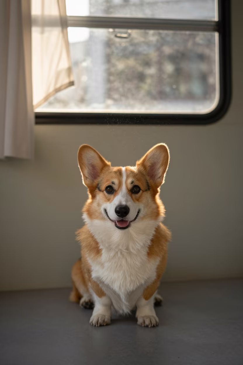 Candid Cardigan Welsh Corgi Portrait in Can Tho Studio in in a quiet portrait studio with a plain backdrop and eye-level framing in Can Tho