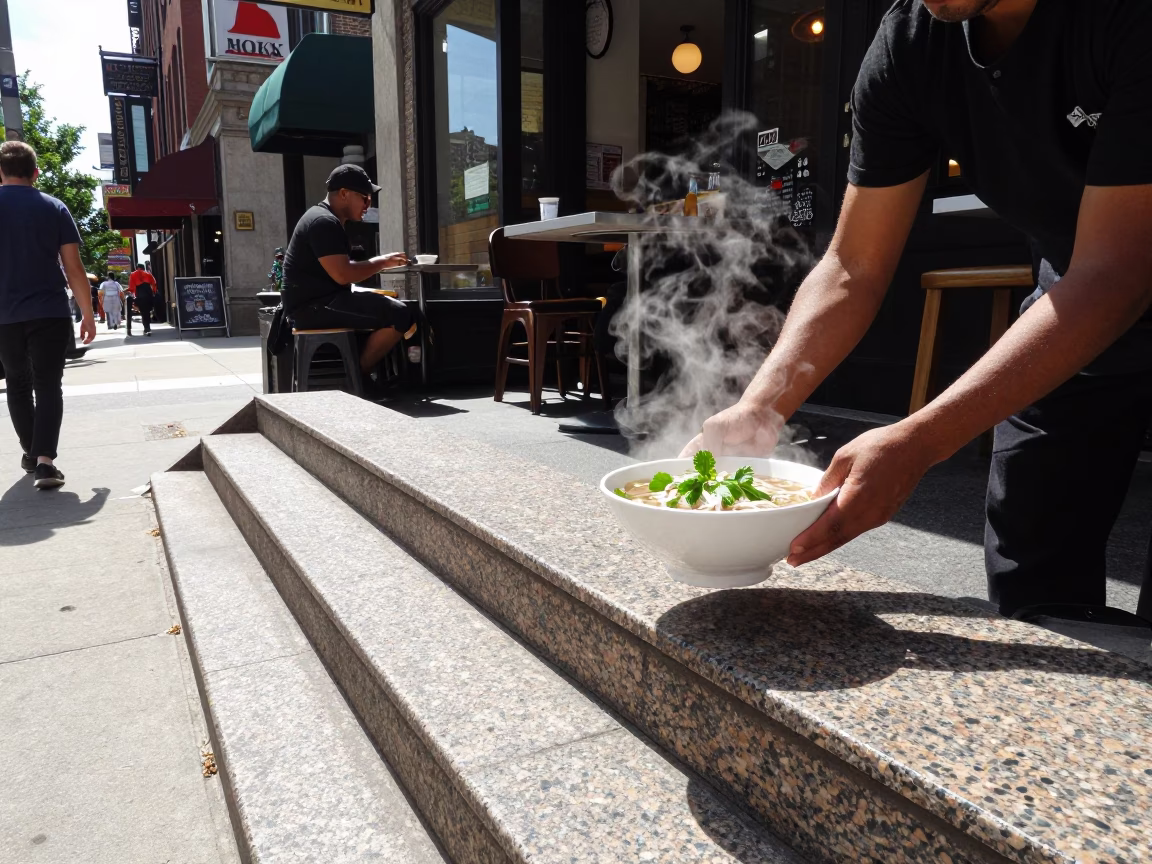Candid Chicago Street Scene Under Noon Sun with Local Dining and Greenery in in Chicago, Illinois, United States