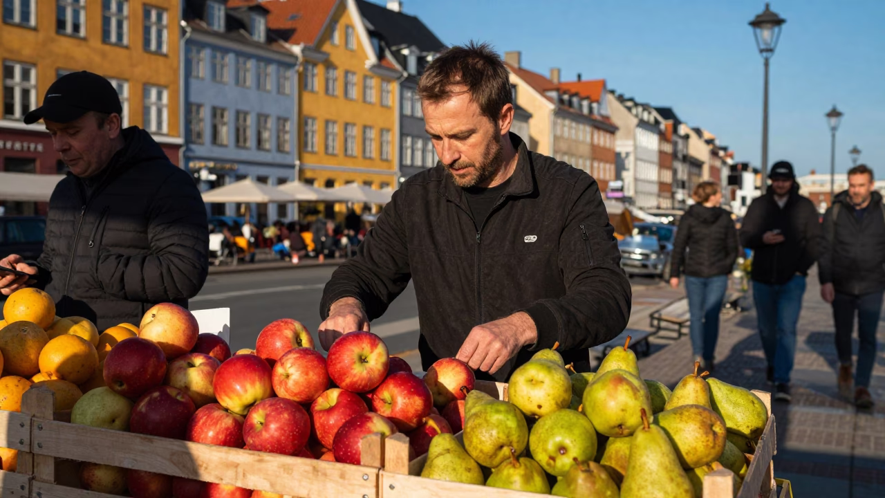 Candid Copenhagen Street Scene Late Afternoon Light with Fruit Crate and Local Interaction in in Copenhagen, Denmark