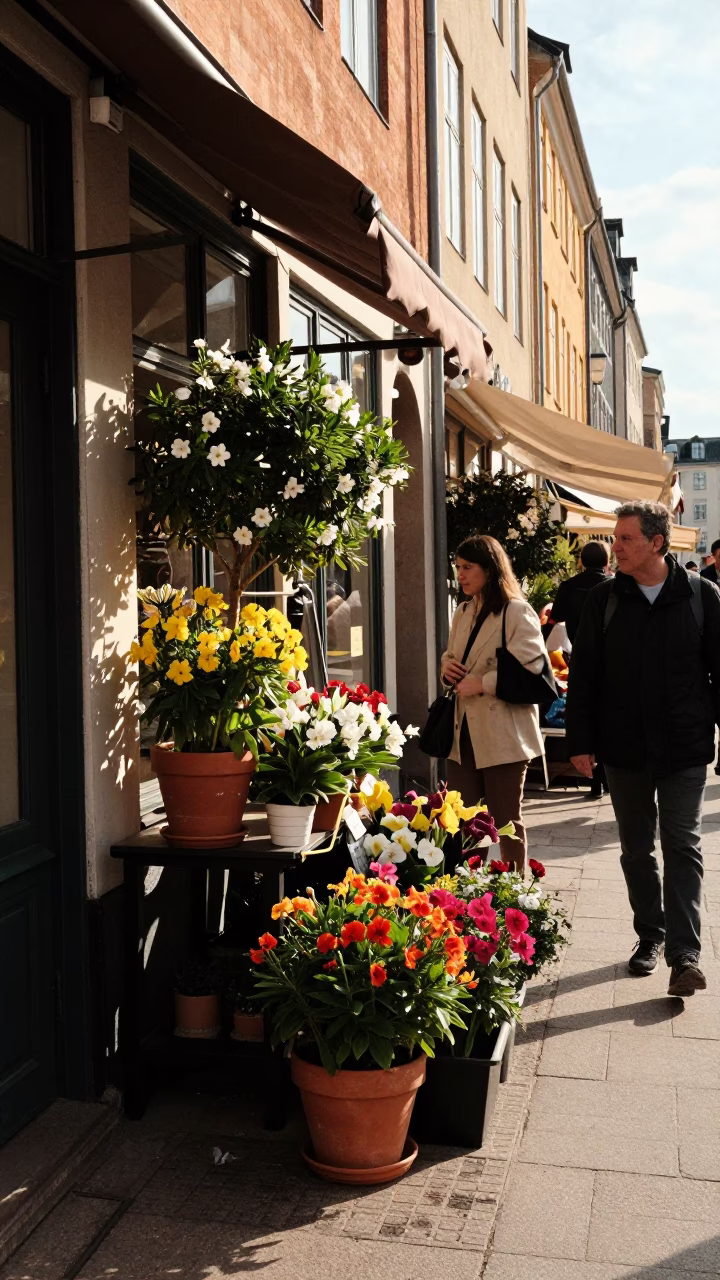 Candid Copenhagen Street Scene with Flowering Plant and Spindle Chair in in Copenhagen, Denmark
