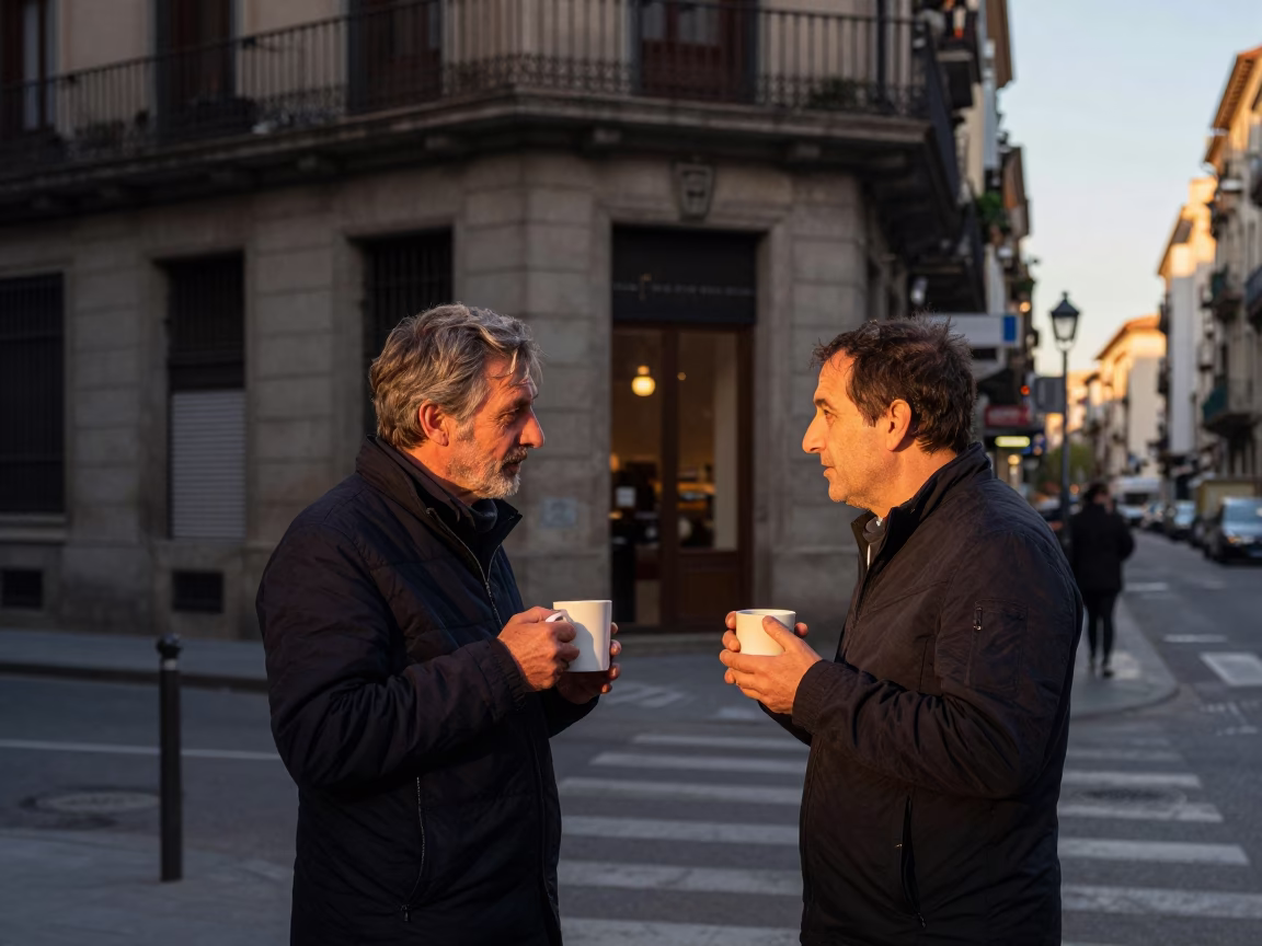 Candid Dawn Street Photography of Barcelona Locals Enjoying Ceramic Mugs Near Historic Stone Architecture in in Barcelona, Spain