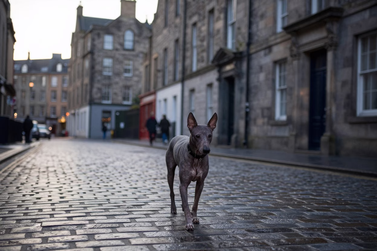 Candid Dawn Street Photography of Xoloitzcuintli Walking on Edinburgh Cobblestones Near Calton Hill in in Edinburgh, United Kingdom