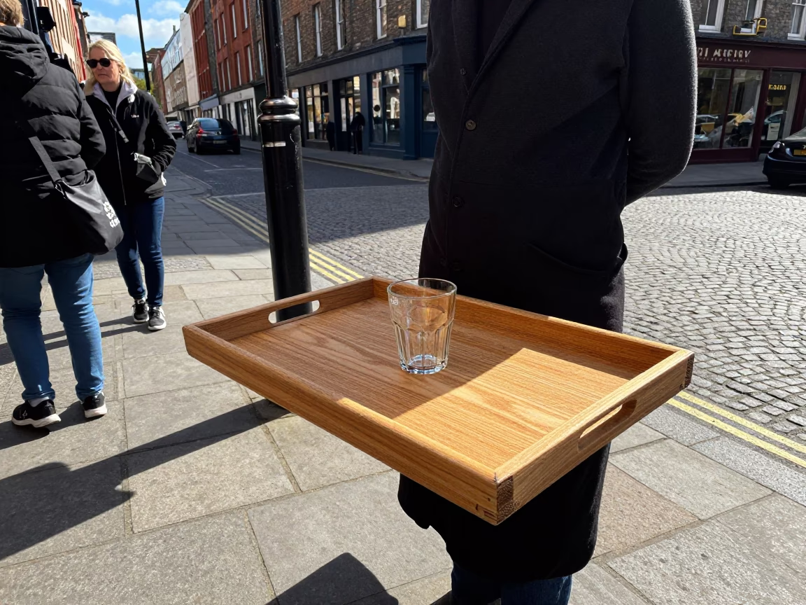 Candid Dublin Street Scene with Wooden Tray and Glass in Early Afternoon Light in in Dublin, Ireland