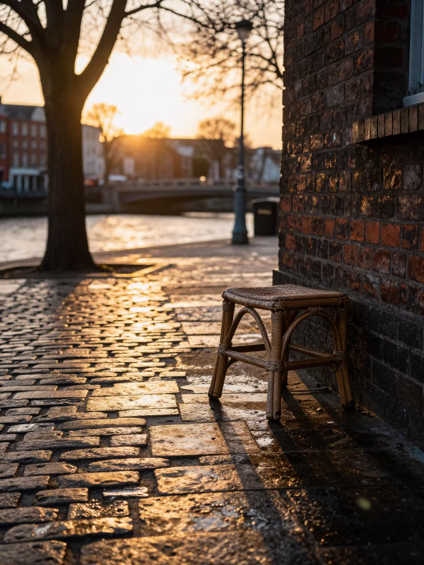 Candid Dublin Sunset Street Scene with Rattan Stool and Basket near Liffey in in Dublin, Ireland