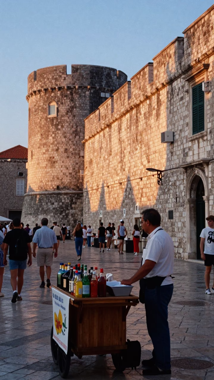 Candid Dubrovnik Evening Street Scene with Local Refreshments and Historic Stone Walls in in Dubrovnik, Croatia
