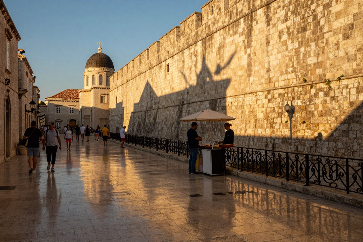 Candid Dubrovnik Evening Street Scene with Reflections on Brushed Steel in in Dubrovnik, Croatia