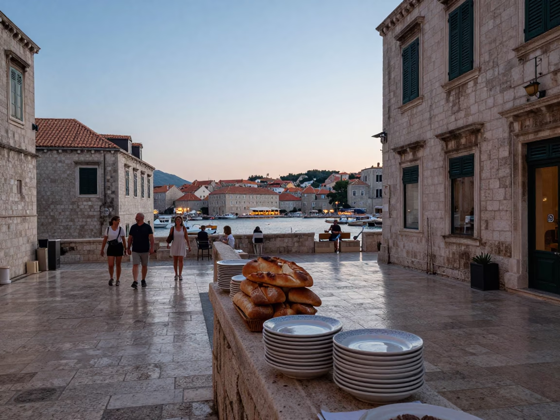 Candid Dubrovnik Street Scene at Nautical Dawn with Bread and Ceramic Plates in in Dubrovnik, Croatia