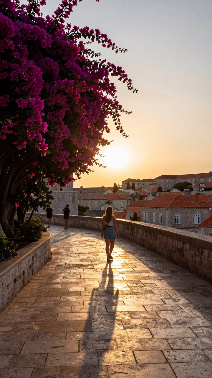 Candid Dubrovnik Street Scene at Sunset with Bougainvillea and Local Interaction in in Dubrovnik, Croatia