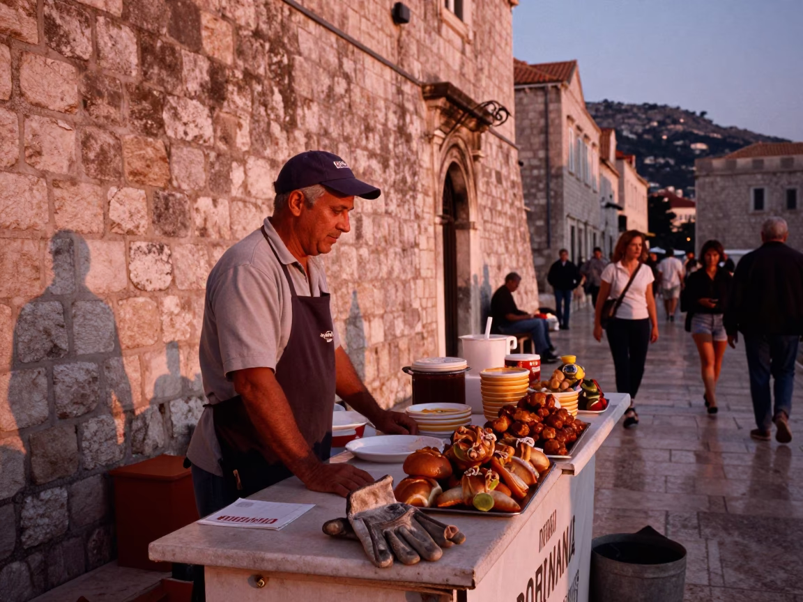 Candid Dubrovnik Street Scene Before Dusk with Local Food and Workers in in Dubrovnik, Croatia