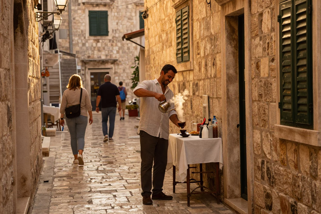 Candid Dubrovnik Street Scene in Honeyed Evening Light with Local Coffee Service in in Dubrovnik, Croatia