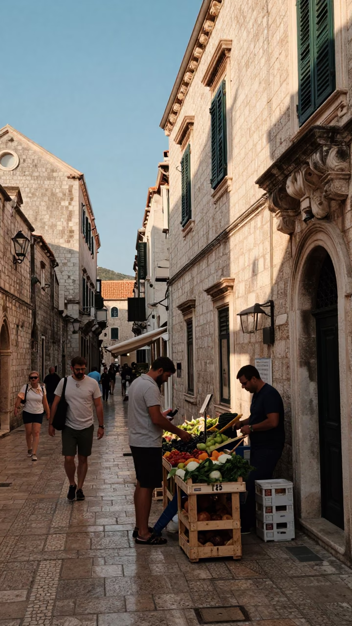 Candid Dubrovnik Street Scene Late Afternoon Light with Local Vendor and Traditional Elements in in Dubrovnik, Croatia