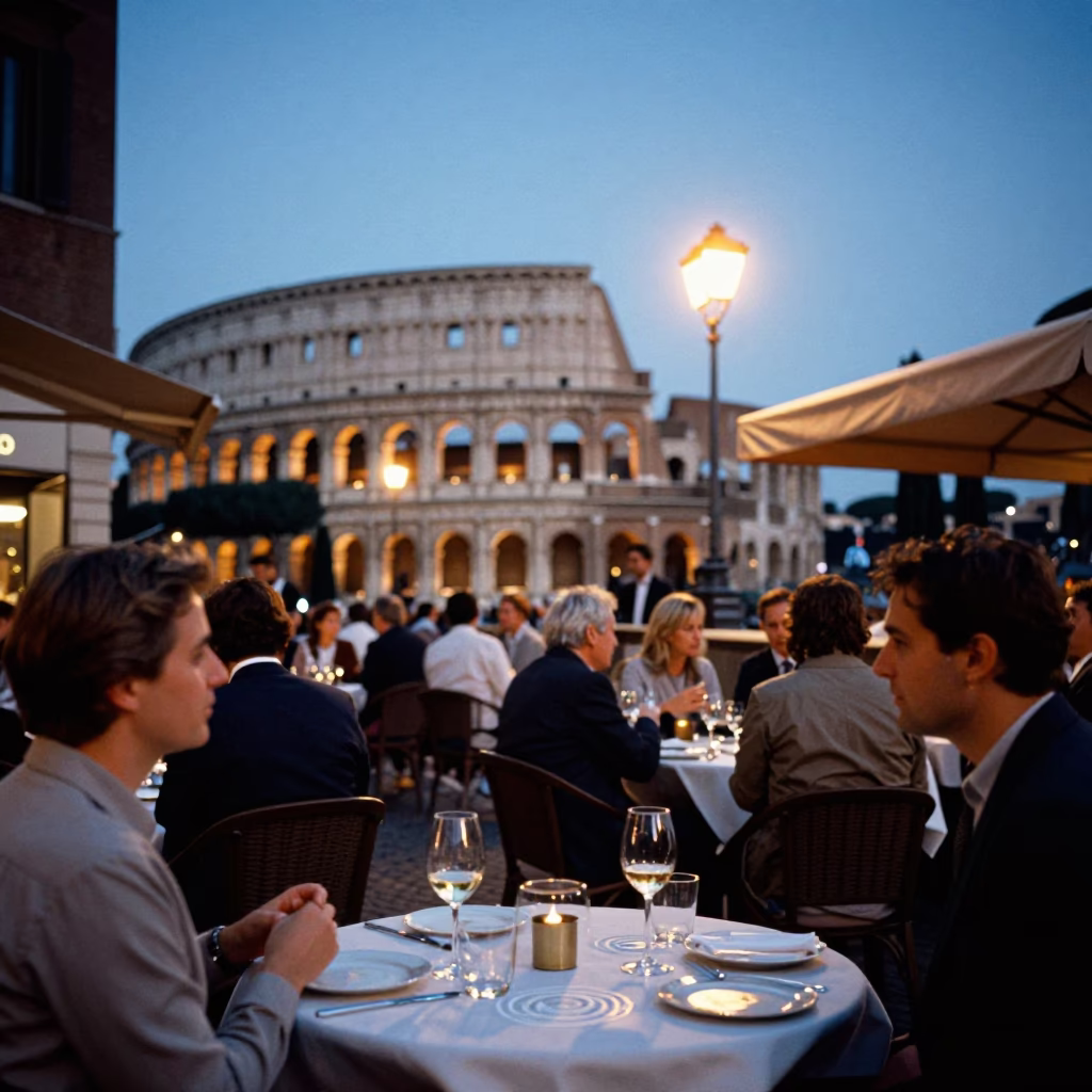 Candid Evening Dining in Rome Italy with Water Rings and Wine Opener on Table in in Rome, Italy