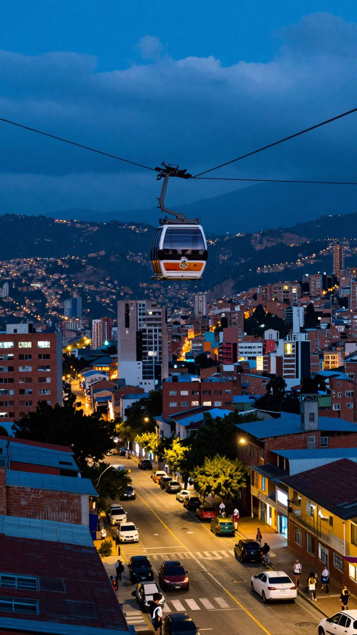 Candid Evening Moment in Medellin Colombia with Aerial Tramway and Urban Life in in Medellin, Colombia