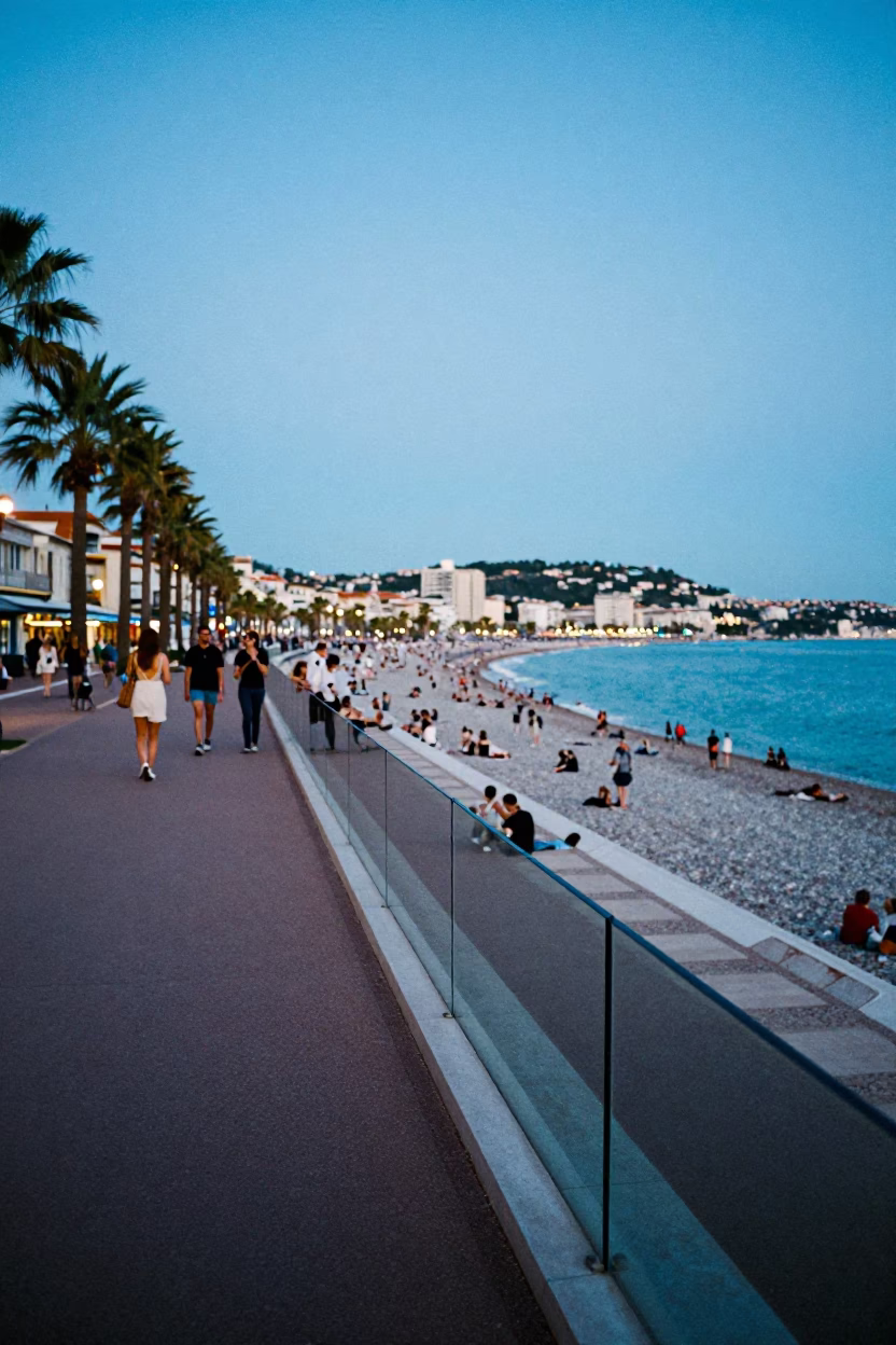 Candid Evening Moment in Nice France with Clear Glass Rail and Local Life in in Nice, France