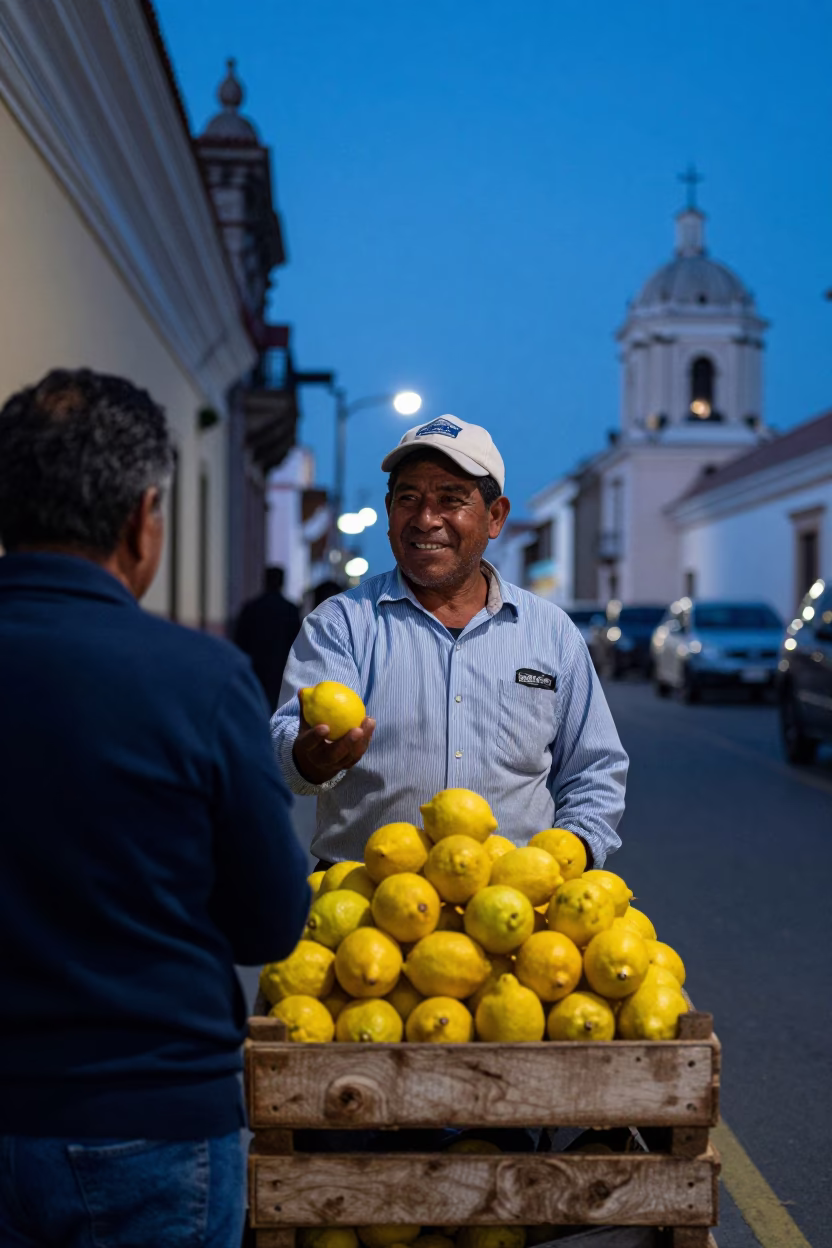 Candid Evening Portrait of a Local Vendor Selling Fresh Lemons in Historic Lima Peru in in Lima, Peru
