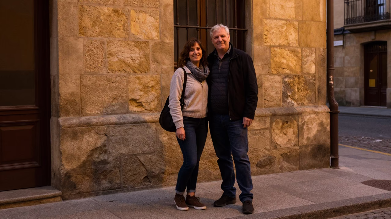 Candid Evening Portrait of Local Couple on Bilbao Street with Iron Hook Detail in in Bilbao, Spain