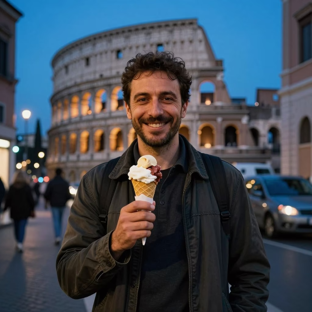 Candid Evening Portrait of Smiling Local Man in Indigo Twilight Rome Italy Street Scene in in Rome, Italy