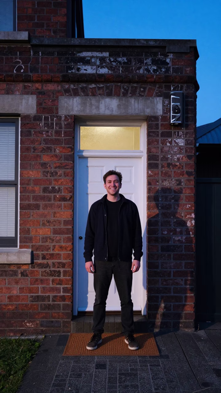 Candid Evening Portrait of Smiling Man Holding Doormat Outside Christchurch Home in in Christchurch, New Zealand