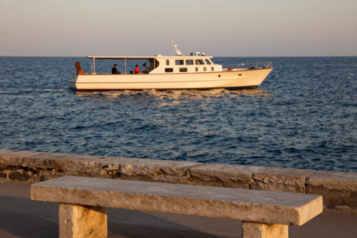 Candid Evening Scene in Nice France with Water Taxi and Floating Dock in in Nice, France