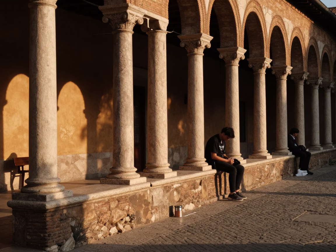 Candid Evening Scene in Rome Italy University Cloister with Coffee Tin in in Rome, Italy