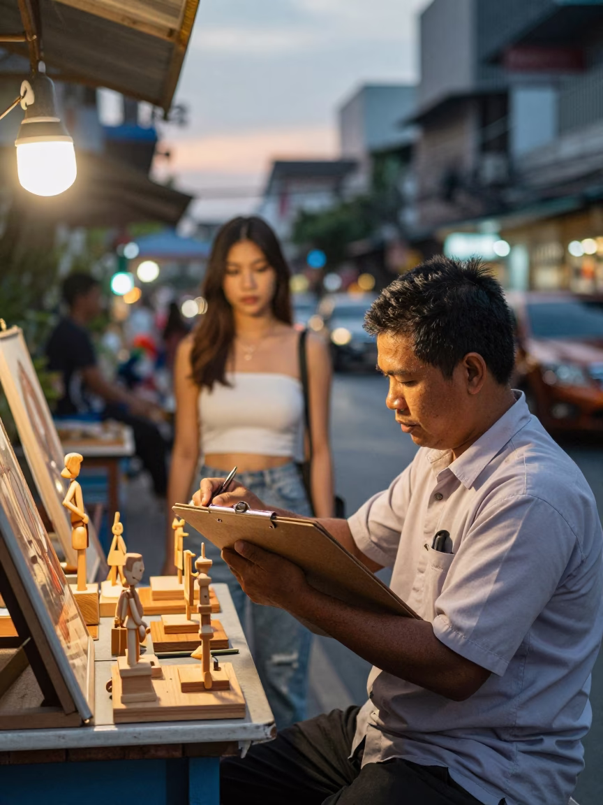 Candid Evening Street Scene in Bangkok Thailand with Clipboard and Model Ship in in Bangkok, Thailand