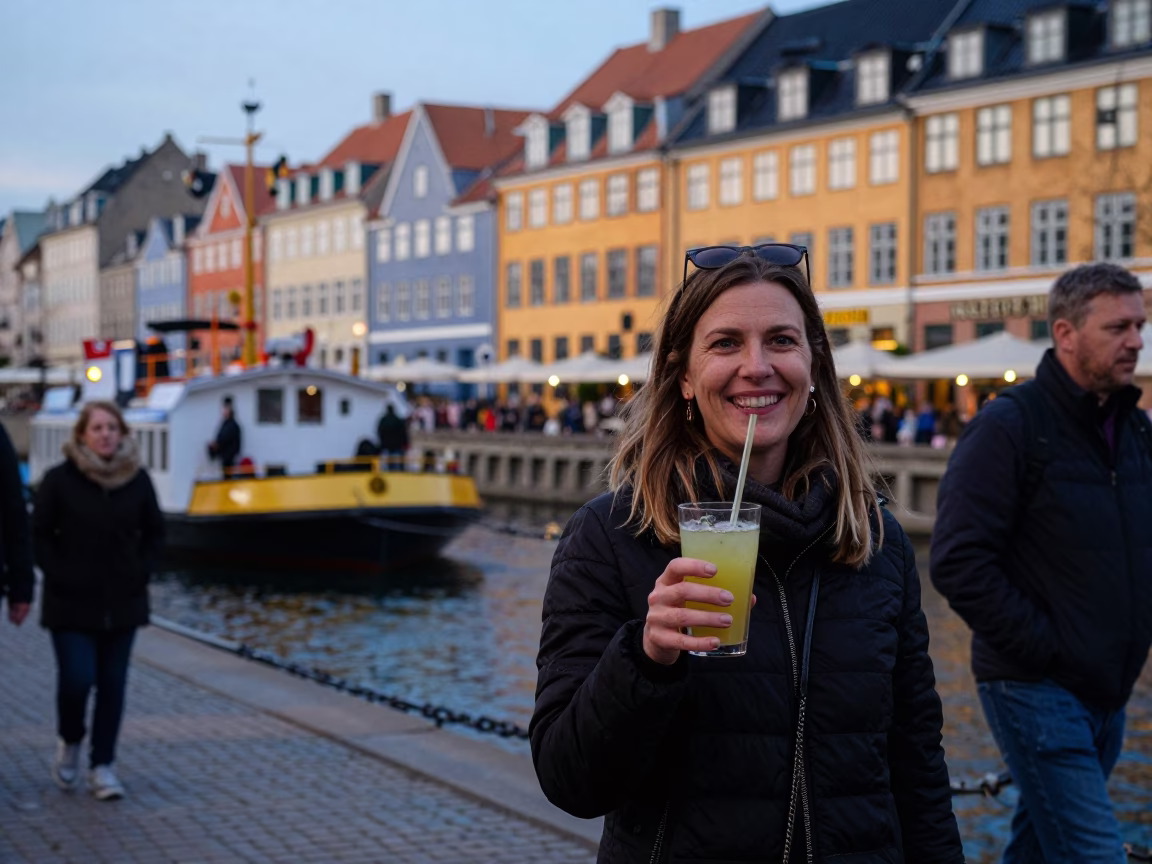 Candid Evening Street Scene in Copenhagen Denmark with Chain Ferry and Vintage Bicycle in in Copenhagen, Denmark