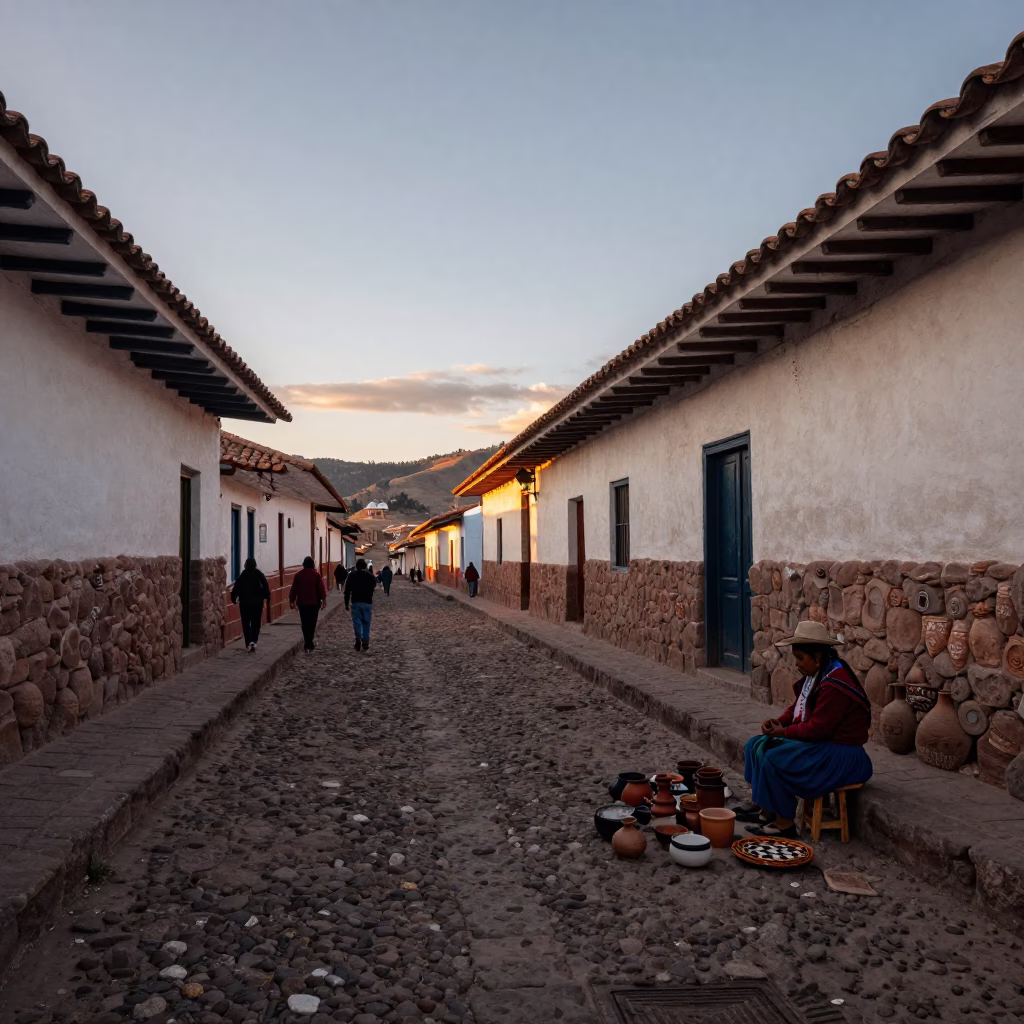 Candid Evening Street Scene in Cusco Peru with Local Pottery and Traditional Tea in in Cusco, Peru