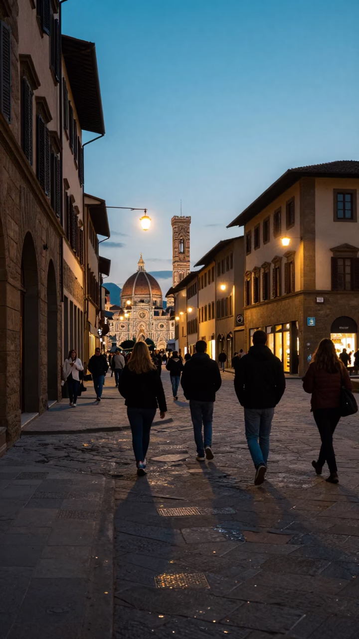 Candid Evening Street Scene in Florence Italy with City Lights and Local Activity in in Florence, Italy